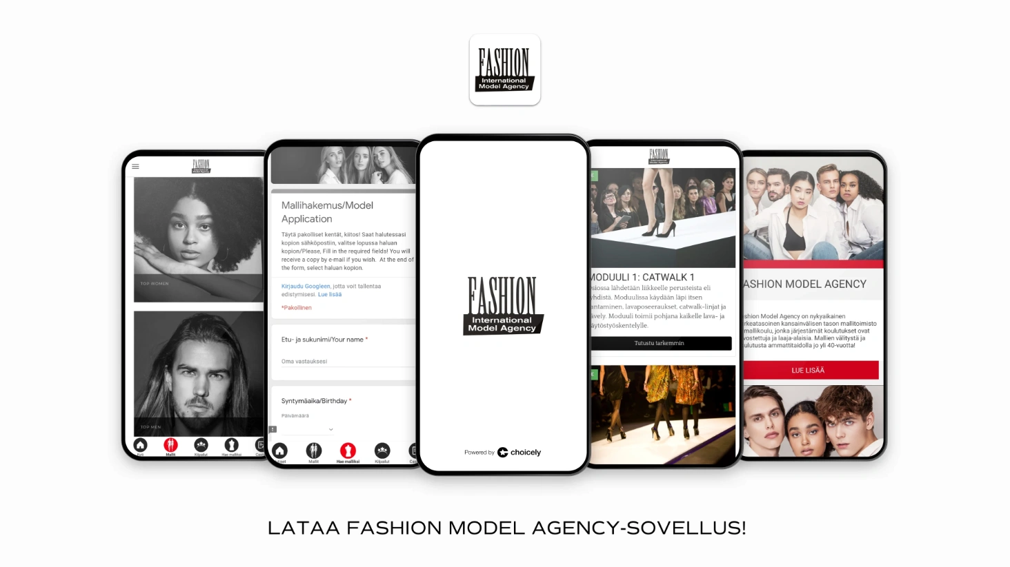 Different Fashion Model Agency app screen shown on phones