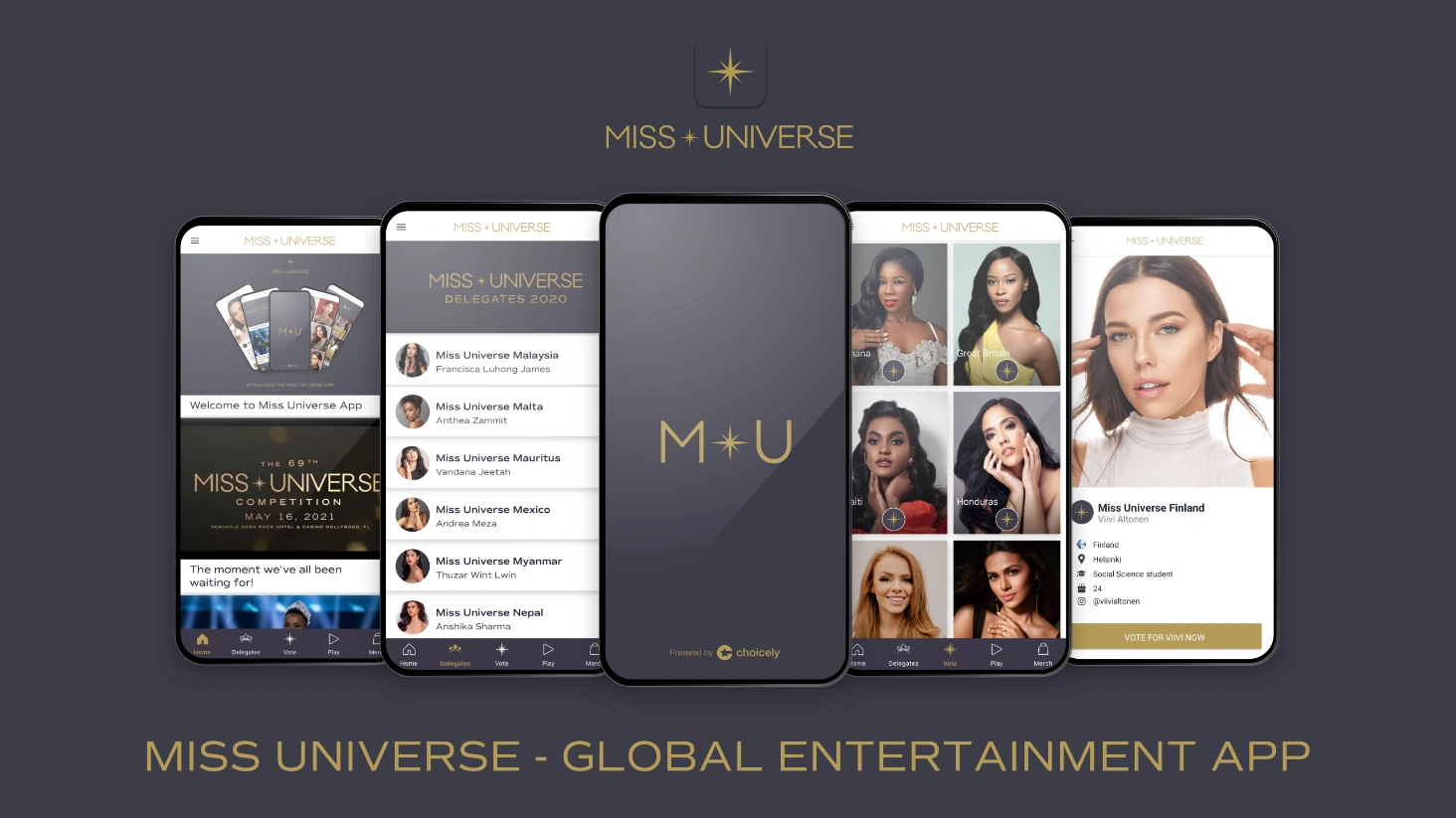 Phones with different screens of the Miss Universe app