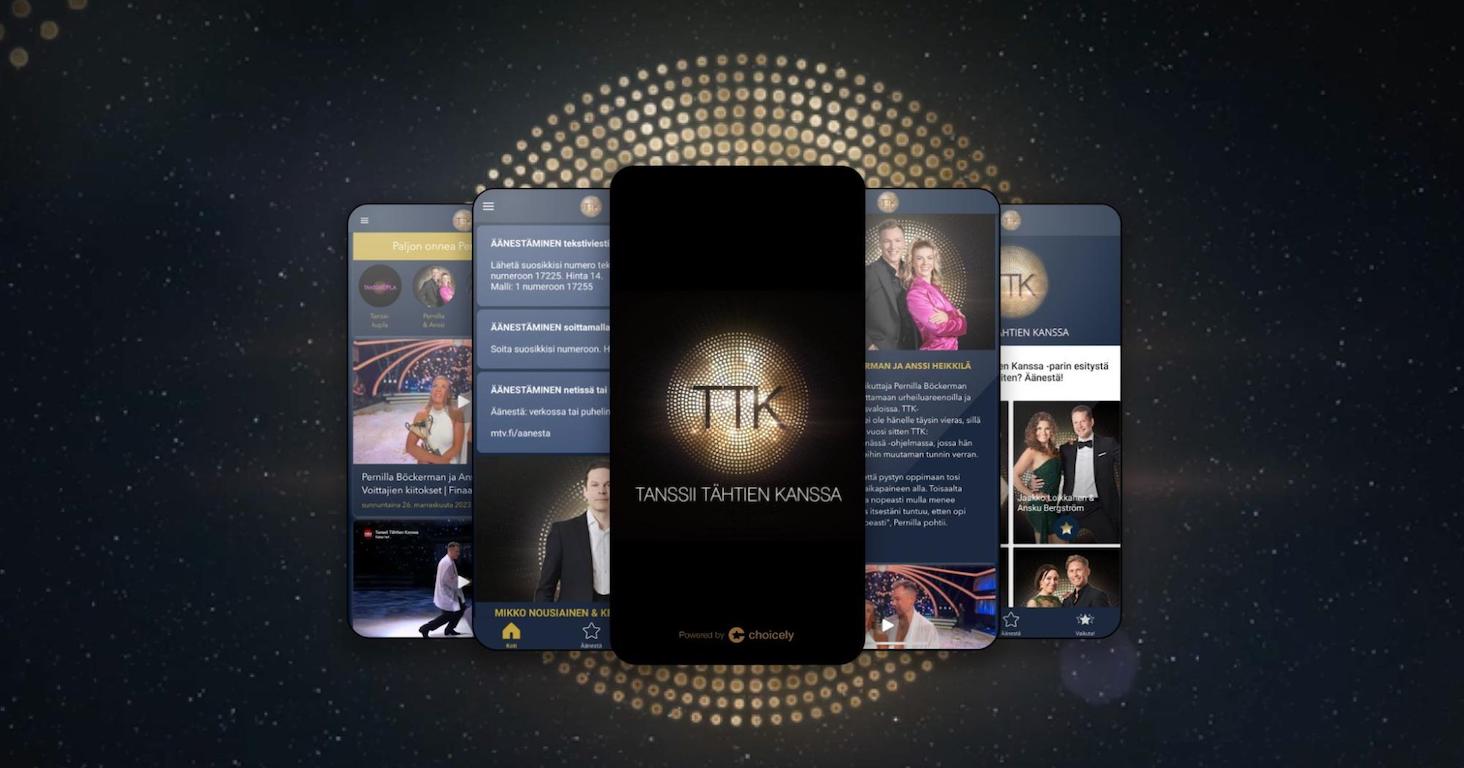 Phone screens with screenshots of the Dancing with the Stars Finland app
